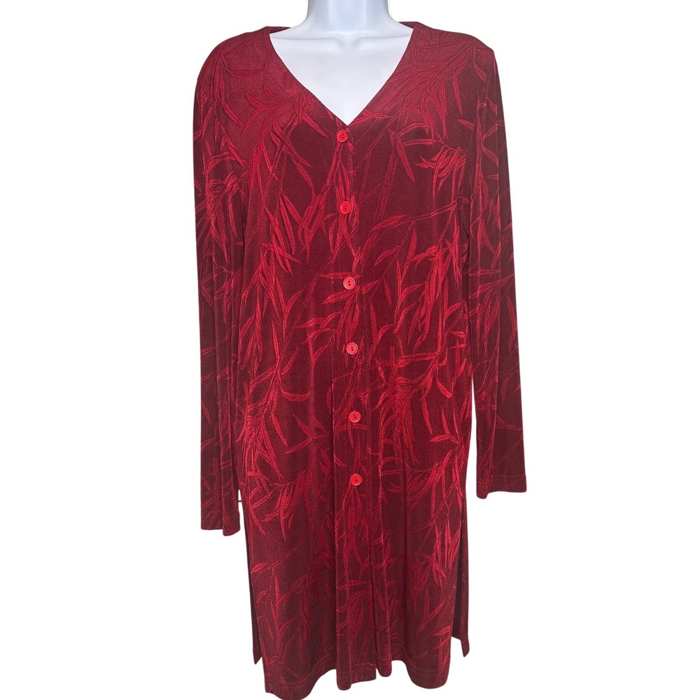 Vintage Harris Wallace New York Red Leaf Print Button Front Midi Dress Est‎ Sz L